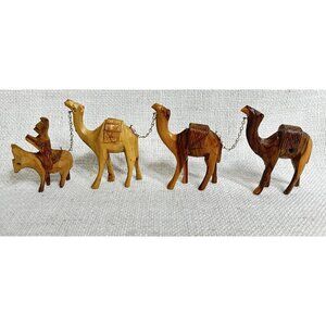 Vintage Wooden Handcraved Man With 3 Camels Made In Israel 4” Tall Folk Art